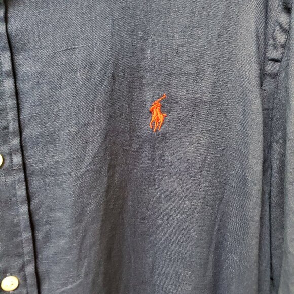 Polo Ralph Lauren Men’s XL 100% Linen Navy Blue Stripe Short Sleeve Classic Fit - Picture 2 of 8